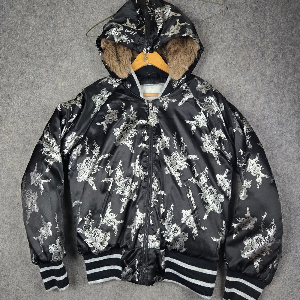 Vintage Baby Phat Bomber Jacket Womens 2XL Black Satin Faux Fur Hood Y2K McBling